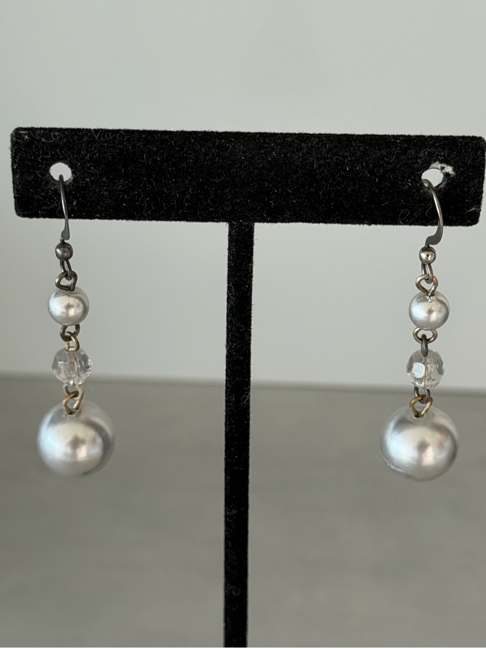 Pretty Vintage Faux Pearl and Crystal Bead Tiered  Drop Dangle Earrings